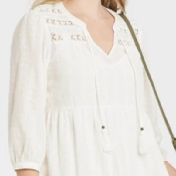 Women Boho Dress Long Sleeve Peasant Shift Ivory L - Picture 3 of 6